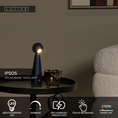 Lucide IPSOS - Oplaadbare Tafellamp - Accu/Batterij - LED Dimb. - 1x3W 2700K - Blauw - USP